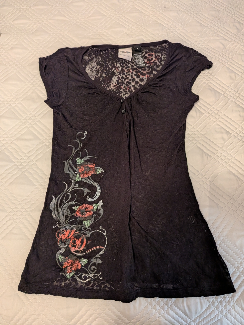 Harley Davidson Black Floral Graphic Cap Sleeve Top